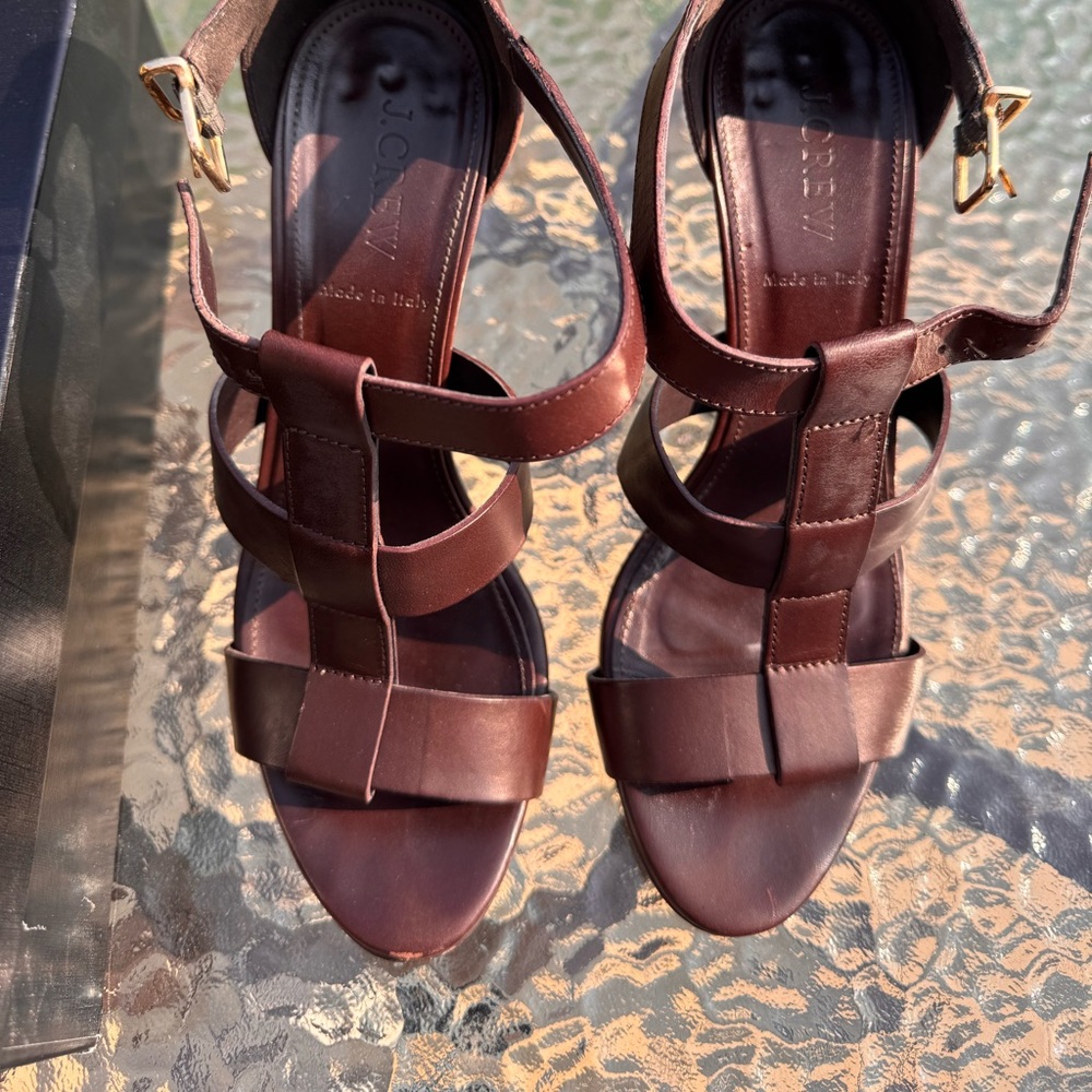 J. Crew Dark Brown Leather Sandals with Gold Buckle